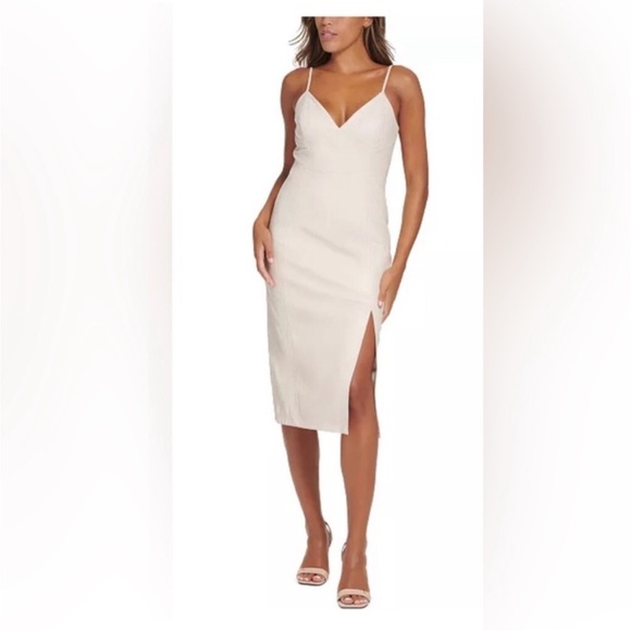 Calvin Klein Cream Slit Sheath Dress Size 10 Elegant Midi Cocktail Dress - Picture 2 of 9